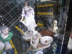 A 19th Century, Meissen figure of classical lady with sheep and 2 Meissen figures beside shell dish