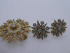 9ct yellow gold circular starburst design pendant/brooch, marked 375, inset with opals, and pair of