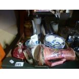 Four boxes of sundry items to include boxed Die Cast china, horse and cart, cameras, pictures, glass