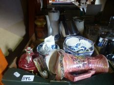 Four boxes of sundry items to include boxed Die Cast china, horse and cart, cameras, pictures, glass