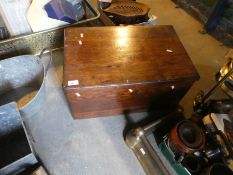 Stained wood small blanket box with metal chunky handles