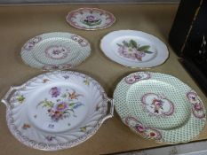 A pair of 19th Century hand painted plates, a Dresden 2 handled plate and 2 others