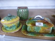 Two old Majolica dishes and covers, and a barrel shaped mug 'John'