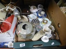 Five boxes of various to include pottery mugs, clocks, plates, mirror, old style telephones and LPs