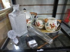 Various china and glass to include decanter, Hip flask, teapot, jug, etc