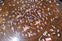 Chinese rosewood and other woods inlaid table, the top decorated with flowers and figures, 71cm