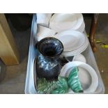 Three crates of china, glass and sundries to include plates, vases, glassware, ornaments