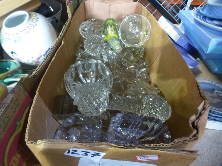 A box of mixed ceramics, glassware to include Bunnykins, Royal Albert, metal goblets and silver plat