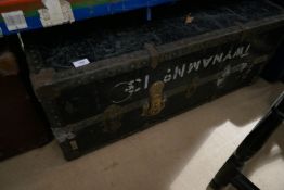 A large black iron bound travelling trunk marked Twynan. 13, a large square hat box, leather and ano