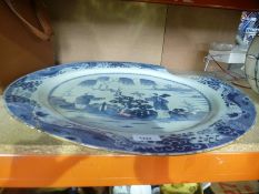 Large Chinese blue and white charger depicting willow tree, cherry blossom and butterflies AF