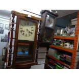 Inlaid wooden cased pendulum clock, painted dial plus 1 other including a wooden spice rack and a wo