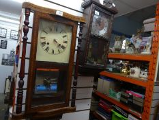 Inlaid wooden cased pendulum clock, painted dial plus 1 other including a wooden spice rack and a wo