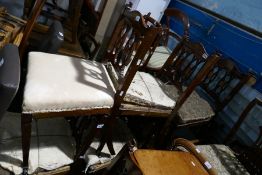Set of 6 Edwardian mahogany inlaid dining chairs having pierced splats