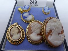 Collection of cameo earrings, pendants and brooches, including 18ct yellow gold blue cameo earrings