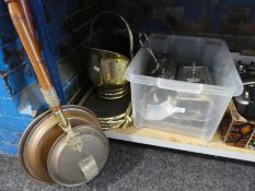 Two copper bed warming pans, brass coal bucket, folding fire guard and a box of silver plate