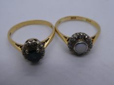Two 18ct yellow gold dress rings one with an opal and the other a sapphire, both marked 18ct, 7g gro