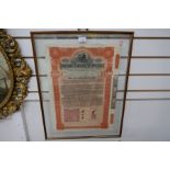 A 1911 Imperial Chinese Government Railway share certificate for £100, framed