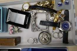 A tray of mixed costume jewellery including swarovski, vintage watches, modern tie clips, Irish silv