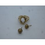 Pair 9ct yellow gold studs, 0.6g marked 375, and a 14K gold ring AF, no stone, 3g marked 585