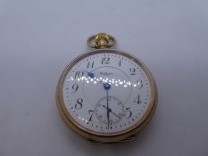 9ct yellow gold 'Waltham' pocket watch with enamel dial and blue hands, winds and ticks, marked 375,