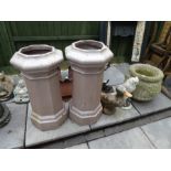 A pair of painted terracotta chimney pots AF, Duck and Owl garden ornaments, stone effect urn etc