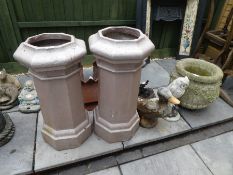 A pair of painted terracotta chimney pots AF, Duck and Owl garden ornaments, stone effect urn etc