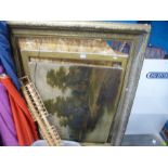 A large painting of a country river scene, signed and a gilt frame AF