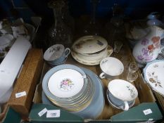 Two boxes of china and glass to include decanters, Royal Worcester, Royal Doulton, Bunnykins, etc