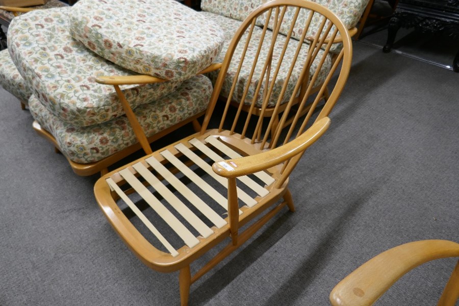 An Ercol light oak settee with pair of matching armchairs and a footstool - Image 6 of 6