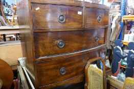 An antique mahogany bow front chest of drawers on splay legs, 90cms aprox