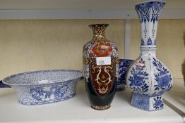 A Japanese Cloisonne vase and three items of blue and white