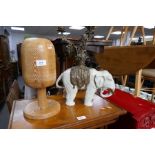 An old pine Millinery stand and glazed elephant having 3 sconce candleabra