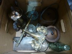 A box containing old biscuit jars, silver plated coffee pot, brass elephant with hooks,etc