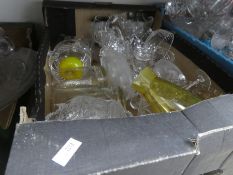 Three boxes of glassware to include glasses, bowls, vases, plate, etc