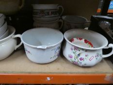 A selection of china chamber pots, including a casserole dish with lid