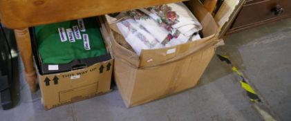 Two boxes of textiles, a snooker table cover and sundry
