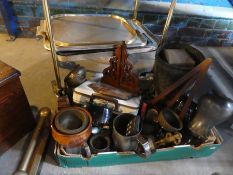 Tea trolley and a box of collectables to include tankards, brass ornament, books, metal vase, etc