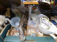 Two boxes of miscellaneous items to include painted glass ware, vases, metal cockerels and serving d