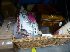 A basket full of craft items, linen and costume jewellery, magazine rack, etc