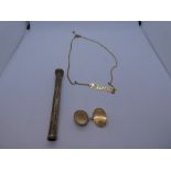 Yellow metal cufflinks, necklace and pen case - unmarked