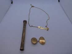 Yellow metal cufflinks, necklace and pen case - unmarked