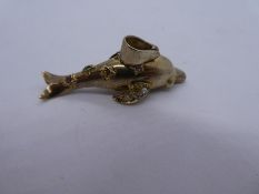 9ct yellow gold dolphin pendant, marked 375 P.K, 4cm, 9.3g approx, set with clear, green red and ora