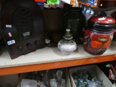 Boxes of mixed vintage glass including bottles, decanters, china pottery including Majolica style it