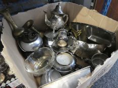 A box of silver plate to include tea pots, jugs, vases, bowls, etc
