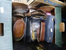 A small box to include handbags, wallets, cases, vintage brushes, one bag crocodile skin