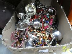 A box full of costume jewellery and silver cups etc