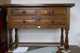 Reproduction stained beech chest having 4 long drawers and a similar sideboard with 4 drawers