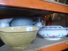 A selection of ceramics including mixing bowl, wash bowl and jugs and galvanised bucket, etc