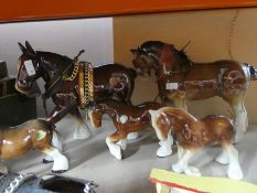 A Selection of model horses drawn carts together with china shire horses etc
