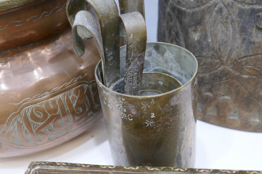 An old wooden carved pot, copper cauldron and sundry - Image 2 of 6